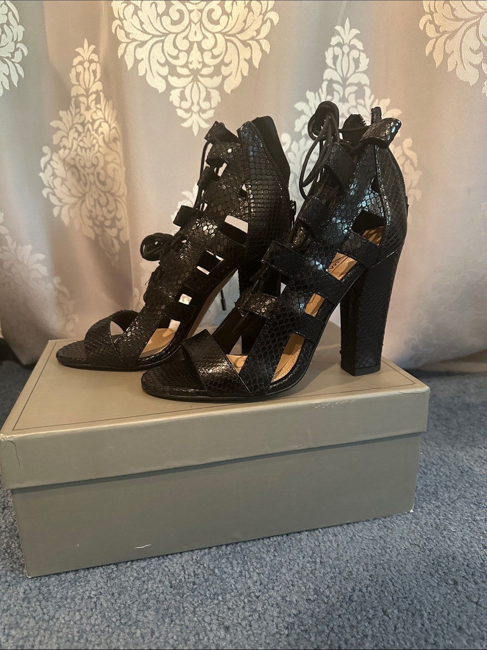 BCBGMaxAzria Black Lace-Up Snakeskin Block Heel Sandals